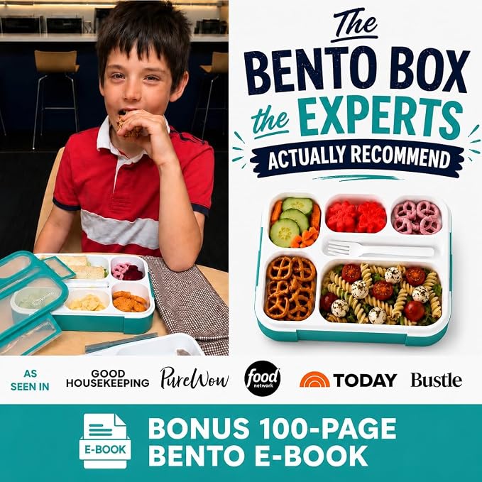 kinsho Bento Box Lunch-Box Containers for Kids, Adults | 6 Compartment Lunch-Boxes | Leakproof School Bentobox, Snack or Meal Portion Container | BPA-Free, Teal