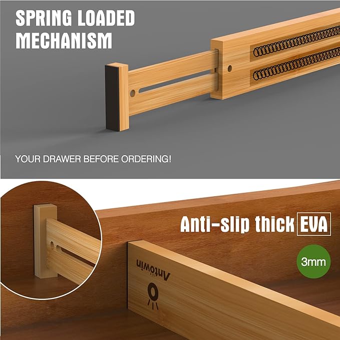 Bamboo Drawer Dividers Organizers, Drawer Separators Splitter,17-22 inches Long Adjustable Spring-loaded Organizer for Large Utensil, Clothes, Tools Drawers(yellow)