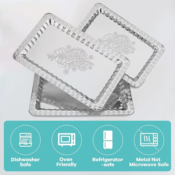 6-Pack Silver Serving Trays Set (14" x 9") – Swirl Floral Engraved Serving Platters for Parties, Weddings, Birthdays, Festive Occasions – Mirror Trays for Charcuterie, Cookies, Desserts, Snacks, Fruit