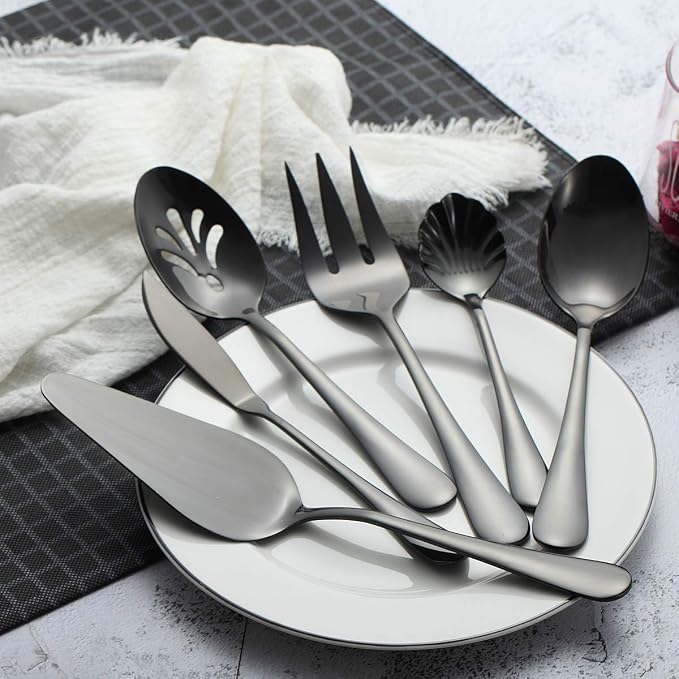 Berglander Stainless Steel Black Titanium Plated Flatware Serving Set 6 Pieces, 5 Serving Pieces of 45 Pieces Flatware With 1 Cake Server, Serving Silverware Set (Shiny Black)