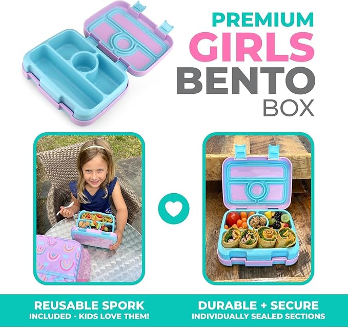 kinsho Bento Lunch Box Set for Small Kids, Snack and Meal Containers for Pre School or Daycare, 4 Compartments, BPA Free, 2 Pack Pink Unicorn + Rainbow