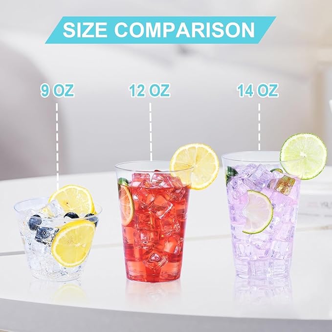 BYSNOW 50 Pack 9 oz Clear Plastic Cups, Disposable Plastic Cocktail Cups | Disposable Heavy Duty Clear Drinking Cups, Hard Punch Plastic Wine Glasses Cups for Party, Wedding, Home, Soda, Juice