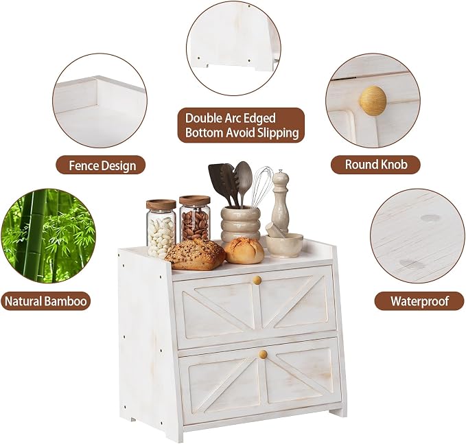 Trironsun Vintage Double Layer Bread Box for Kitchen Counter Bamboo Bread Storage Container Large Capacity Bread Storage Bin (Antique White)