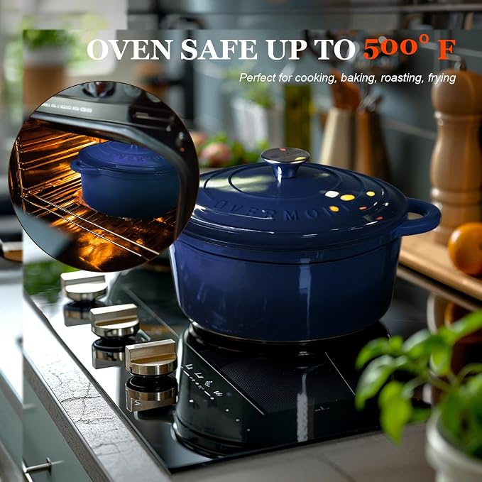Overmont Enameled Cast Iron Dutch Oven - 4.5QT Pot with Lid Cookbook & Cotton Potholders - Heavy-Duty Cookware for Braising, Stews, Roasting, Bread Baking IndigoBlue
