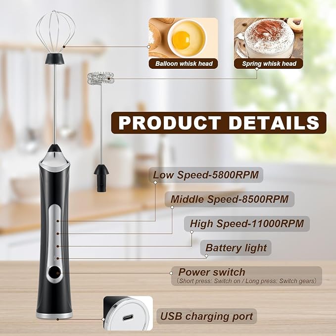 Handheld Electric Milk Frother with 2 Heads, Coffee Whisk Foam Mixer with USB Rechargeable 3 Speeds, Foam Maker Blender for Latte, Cappuccino, Hot Chocolate, Egg (Type 3)