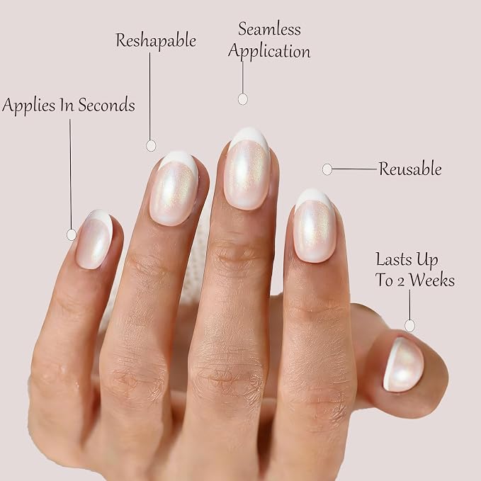 French Press On Nails,Chrome Pearl White Short Reusable Stick On Nails | Apply Protective UV coating, Salon Quality Nails in 12 Sizes - 24 Nail Kit with Glue