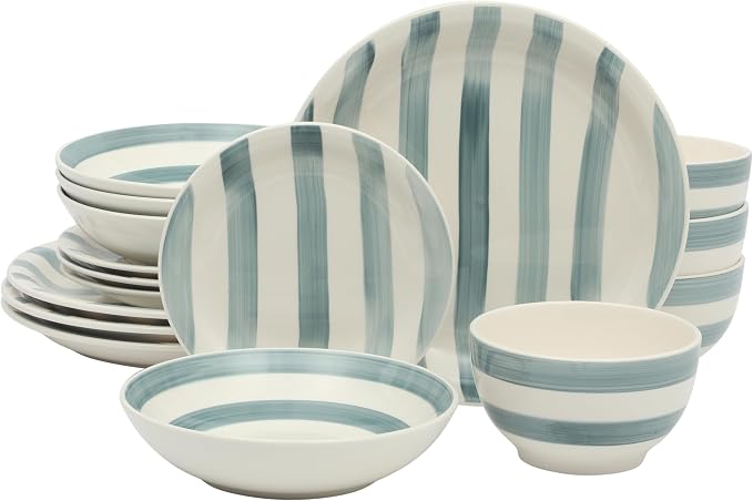Gibson Home Kenwood Shores 16 Piece Dinnerware Set, Blue Striped, Hand-Painted Stoneware Dishes, Plates and Bowls, Service for 4, Microwave & Dishwasher Safe