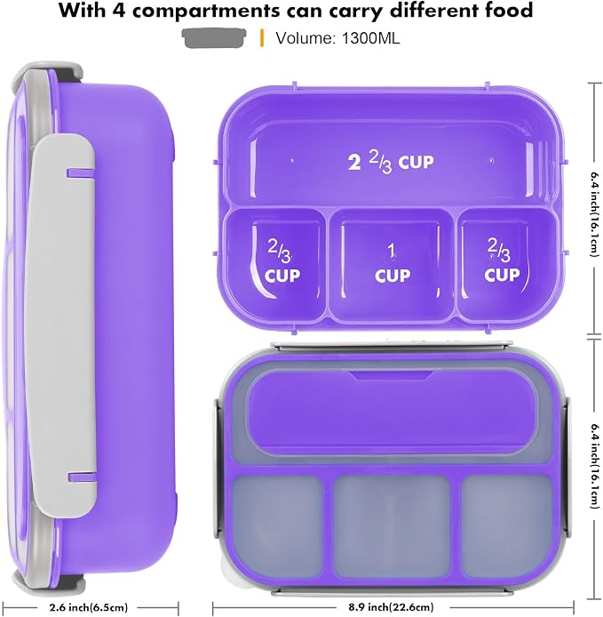 Bento Box for Kids 1300ML with 4 Compartment & Food Picks Cake Cups, Purple | Lunch Box Containers for Adults/Kids/Toddler, Leak-Proof, Microwave/Dishwasher/Refrigerator Safe, BPA Free