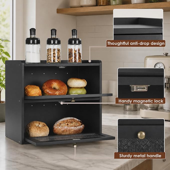 Sunhoo Bread Box for Kitchen Countertop, Large Pine Wood Breadbox, Black | Farmhouse Pantry Container, Double Layer Storage, Fresh Homemade Sourdough Bin, Vintage Textured Acrylic Door, Easy Assembly