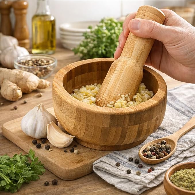 5 Inch Bamboo Mortar and Pestle Set, Wooden Herb Grinder Bowl for Garlic Ginger Spices Seeds Pepper Coffee, Manual Spice Crusher Grinding Bowl