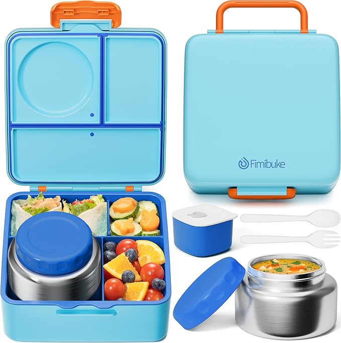 Fimibuke Bento Box for Kids Adults, BPA Free Toddler Lunch Box with Thermo | w/ 8.5oz Insulated Food Jar Utensils & Sauce Jar, Leakproof Dishwasher Safe 3 or 4 Compartment Container for School Girl Boys