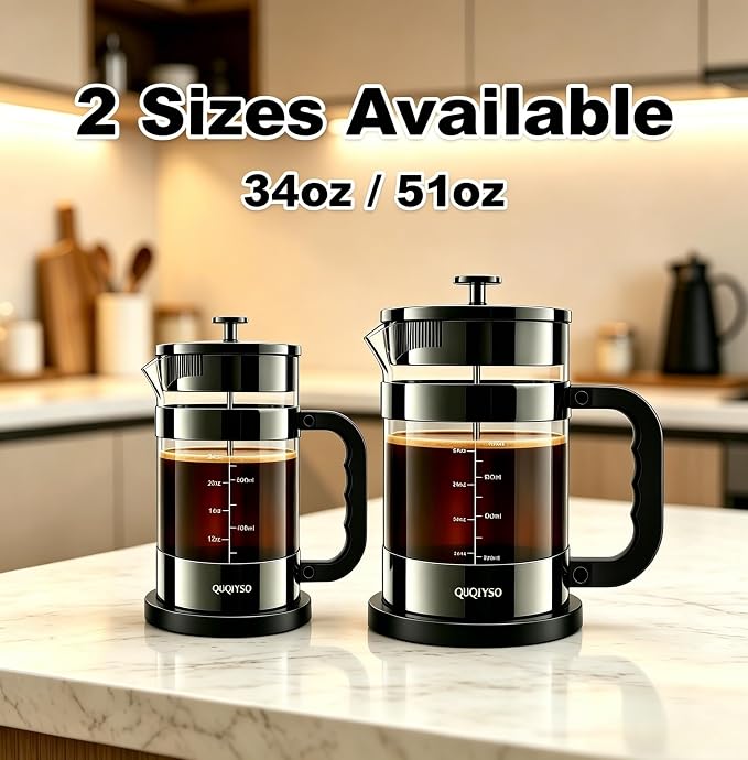 QUQIYSO French Press Coffee Maker 34oz, Thickened Glass Coffee French Press | Stainless Steel Coffee Press, 4 Filter Easy to Clean, Cold Brew Coffee Maker, Suitable for Kitchen Party Gifts(Dark Pewter)
