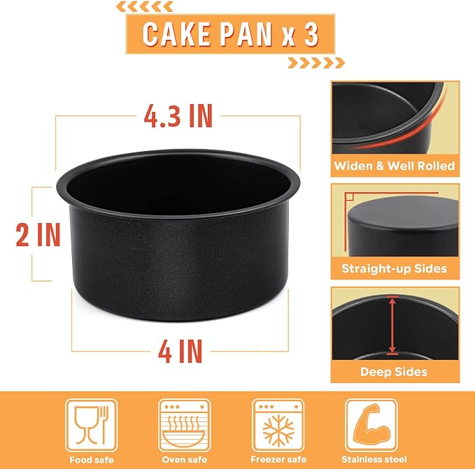 E-far 4 Inch Cake Pan, 3PCS Nonstick Stainless Steel Mini Round Cake Pans | Small Baking Tins for Smash Cakes/Cheesecake, Stainless Steel Core & Non-toxic Coating, Straight Side & 2 Inch Deep