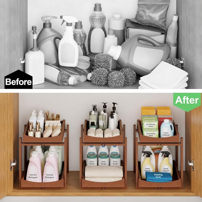 MHXW SXPN Bamboo Under Sink Organizer, 2 Pack Pull Out Cabinet Organizer | 2 Tier Vertical Smooth Slide Out Undersink Storage Shelf | Multi-Purpose Organizer Shelves for Kitchen Bathroom Medicine