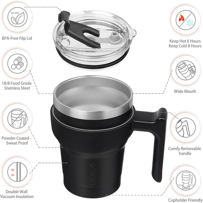 BJPKPK 10 oz Mini Tumbler with Lid, Straw & Handle, Insulated Steel Cup | Small, Spill Proof, Leak Proof, Thermal, Double Wall Vacuum, Sweatproof, Dishwasher Safe, BPA Free, Black