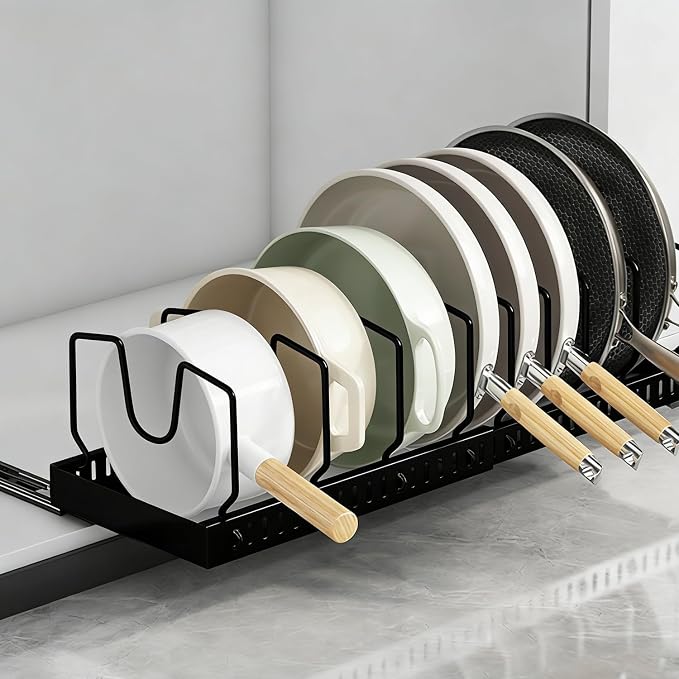 pots and pans organizer under cabinet,pot lid organizers inside cabinet holders for kitchen,Horizontal and vertical pulling modes,Can be extended and adjusted (Black horizontal pull-out)