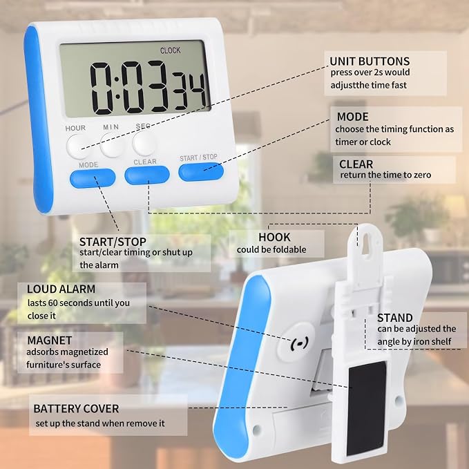 Mudder 3 Pack Digital Kitchen Timer for Cooking, Large Digits, 24 Hour Magnetic Backing Stand Kitchen Timers Clock for Classroom Kids Teachers, Loud Alarm and Large Screen (Blue)