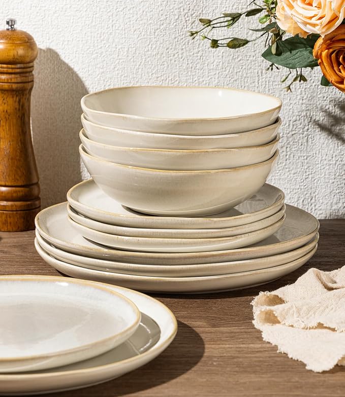 GBHOME Stoneware Dinnerware Sets for 8,24 Piece Rustic Plates and Bowls Set | Earthenware Handmade Reactive Glaze Plate Sets, Chip Resistant Ceramic Dishes, Microwave & Dishwasher Safe, Vanilla Cream