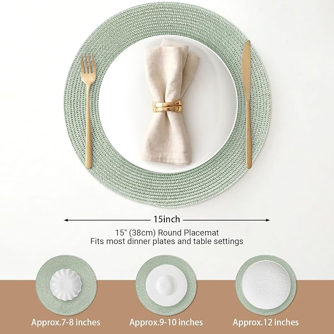 FunWheat Round Braided Placemats Set of 4 Table Mats for Dining Tables Woven Washable Non-Slip Place mats 15inch (Fog Green, 4pcs)