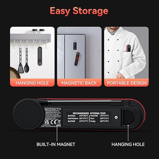 0.3s Instant Read Meat Thermometer, IP67 Waterproof (Red) | Rotating Display, Calibration Function, Ideal for Grill, BBQ, Frying and Kitchen Cooking