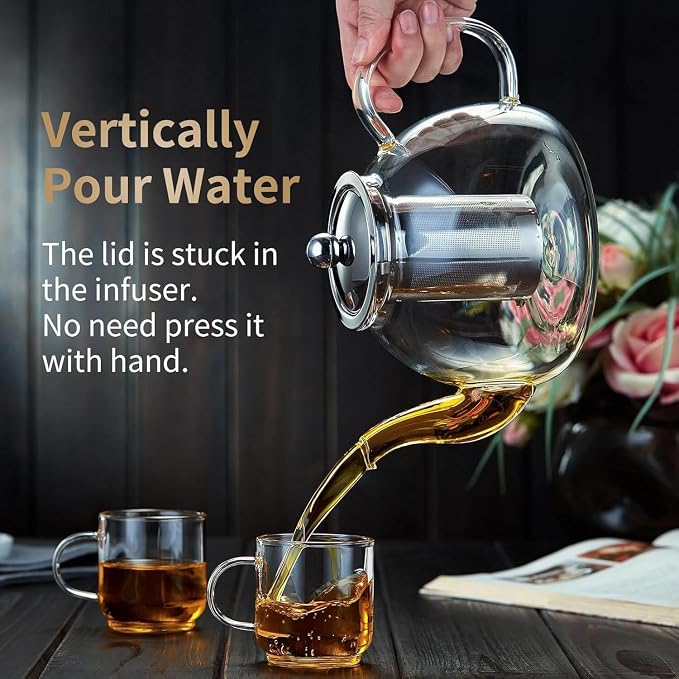 DOPUDO Glass Teapot with Infuser 60OZ (1800ml) Stovetop Safe, Clear Glass Tea Pot Kettle, Borosilicate Tea Pot with Infusers Filter for Loose Tea, Tea Kettle Dishwasher Safe