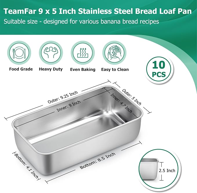 TeamFar Loaf Pans for Baking, 9 x 5 Inch Stainless Steel Loaf Bread Pans | Bread Pans Tins for Homemade Bread/Brownies, Healthy & Sturdy, Oven & Dishwasher Safe - Set of 10