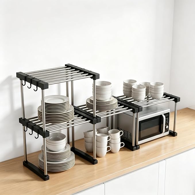 BLULEE Expandable Under Sink Organizer, 2-Tier Adjustable Storage Shelf | Heavy-Duty Stainless Steel Cabinet Rack for Kitchen Pantry & Bathroom Vanity, Stackable Organization System