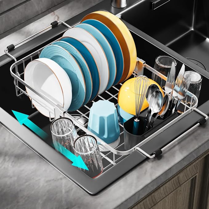 Small in Sink Dish Drying Rack - Expandable Stainless Steel Compact Over The Sink Dish Drainer with Utensil Holder for RV Kitchen Apartment, Silver