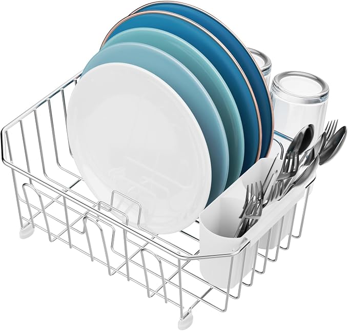 Mini in Sink Dish Drying Rack - Stainless Steel for RV Kitchen | Small Design for Apartments, Angled Corners Fit Square & Round Sinks, Utensil Holder, Cup Hooks, Save Space, 9.5" W x 13.4" L