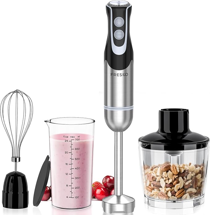 Immersion Blender Handheld, 4-In-1 Hand Blender with 12-Speeds & Turbo Mode | 500W Emulsion Blender, Egg Whisk, 24oz Beaker & Chopper Bowl, Stick Mixer for Baby Food, Smoothies, Soups & Sauces