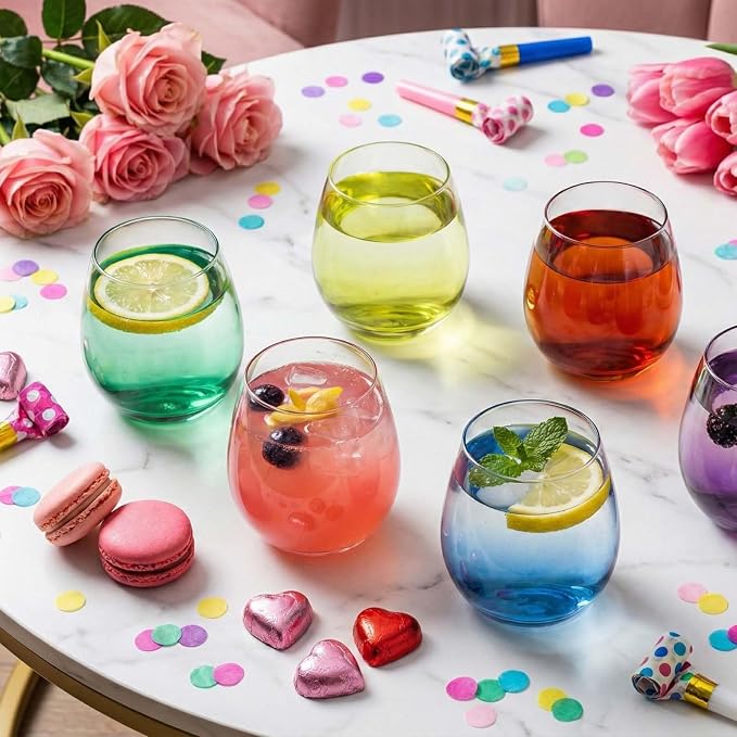 ColoVie Stemless Wine Glasses set of 6, Colored Cocktail Cups, Party Glass | 15oz Stemless Wine Glasses for Red wine, White wine, Sangria, Spritz, Colorful Glassware Set for Home bar, Weddings and Gifts