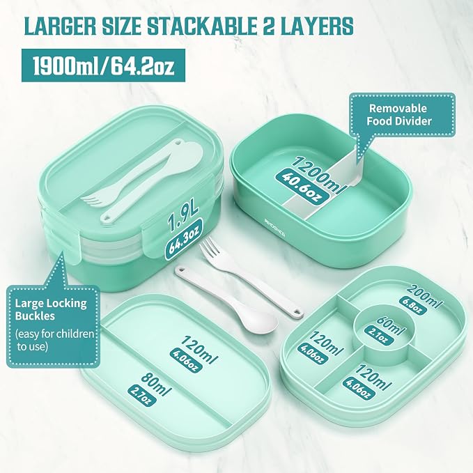 RIKDOKEN Bento Lunch Box, Stackable 2 Layers Containers with Compartments, Portable 64OZ Large Capacity Leakproof Bento Box with Spoon & Fork & Lunch Bag, Microwave Safe Lunch Box for Kids and Adults