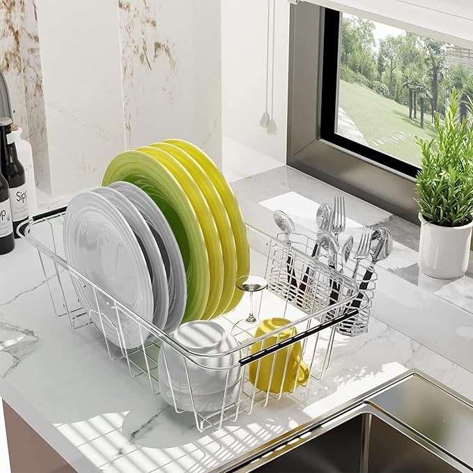 304 Stainless Steel Drying Rack, Expandable, Adjustable Inside The Sink (up to 9 Upright Utensils) | Adjustable Sink Dish Drying Rack, Expandable Stainless Steel Organizer, Fits Most Sinks, Holds Up to 9 Upright Utensils