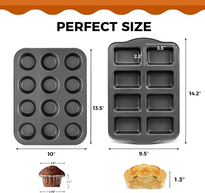 Nonstick Muffin Pan 12 Cup and Mini Loaf Pans 8 Cavity, Cupcake Tin for Baking and Small Banana Bread Tray - Grey
