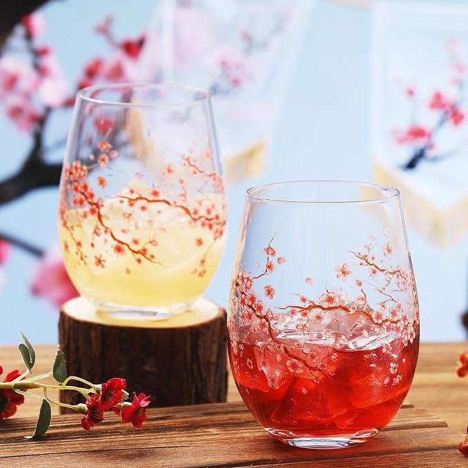 Sliner 2 Pack 17oz Cherry Blossom Stemless Wine Glasses Floral Drinking Glasses Cherry Blossom Tumbler Cups for Wedding Birthday Gift Parties Supplies