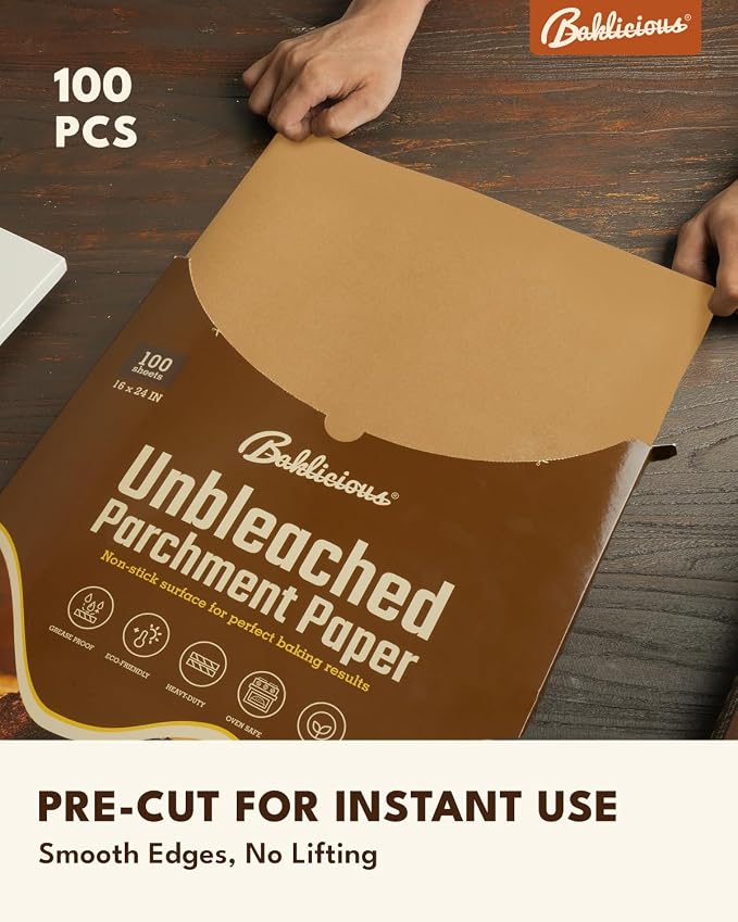 Baklicious 16x24inch 100pcs Unbleached Precut Non-Stick Full Parchment Paper