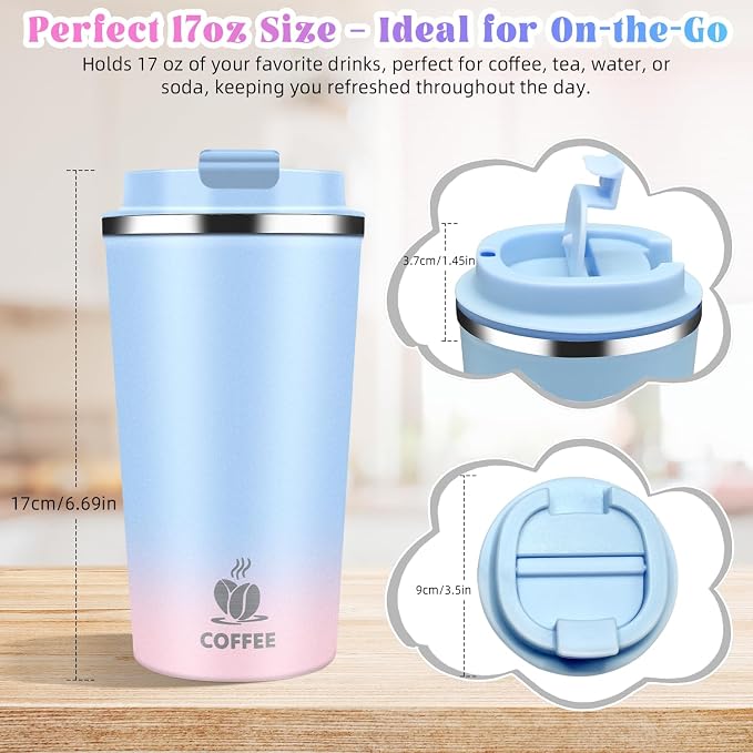 17oz Insulated Travel Coffee Mug with Flip Lid – Leakproof Stainless Steel Insulated Coffee Tumblers, Reusable Coffee Cup for Hot & Cold Drinks, Perfect for Camping & On-the-Go