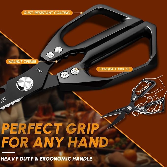 Huusk Kitchen Scissors for Food, Sharp Seafood & Kitchen Shears Set | Japanese Steel Meat Scissor for Crab, Shrimp, Lobster, Herbs and Food Prep, Gifts for Women, Non-slip Handle