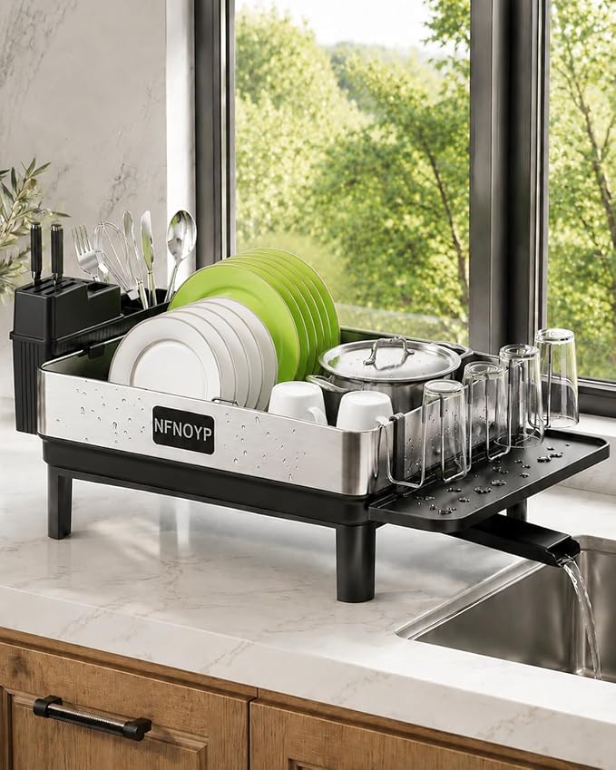304 Stainless Steel Dish Drying Rack for Kitchen Counter, Black | Large Capacity Rustproof Dish Rack with Auto Drain Spout, Removable Utensil & Cup Holders, Drainboard Set