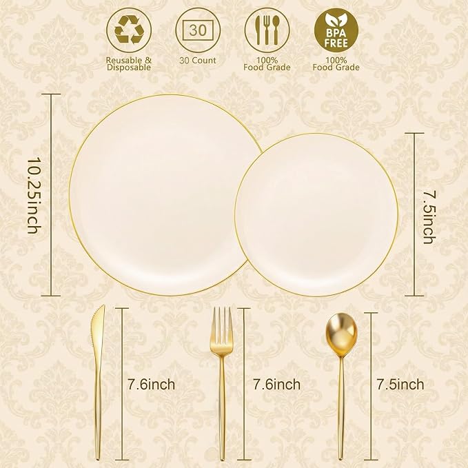 150Pcs Ivory Plastic Plates, Fancy Gold Plastic Plates Set for Party | Ivory Plates with Gold Rim,Ivory Disposable Plates Set Include 30 Dinner Plates,30 Dessert Plates,90 Plastic Silverware Set