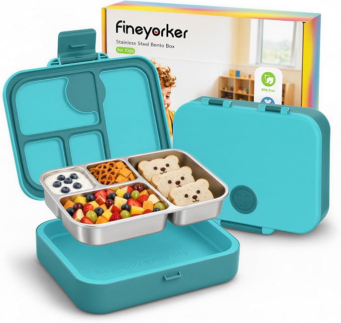 Kids Stainless Steel Bento Lunch Box, 4 Compartments | Leak-Resistant 4 Cups Lunch Container for Ages 4+ with Easy-Open Latch, Removable Seal & Meal Feedback Icon