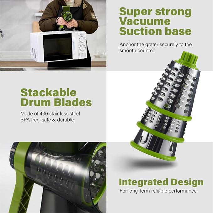Rotary Cheese Grater hand crank 3 blades with Stronger Suction Base | Stainless Steel Blades for Fruits, Vegetables, Nuts. Dishwasher Safe & Easy to Clean, Transparent Black & Green