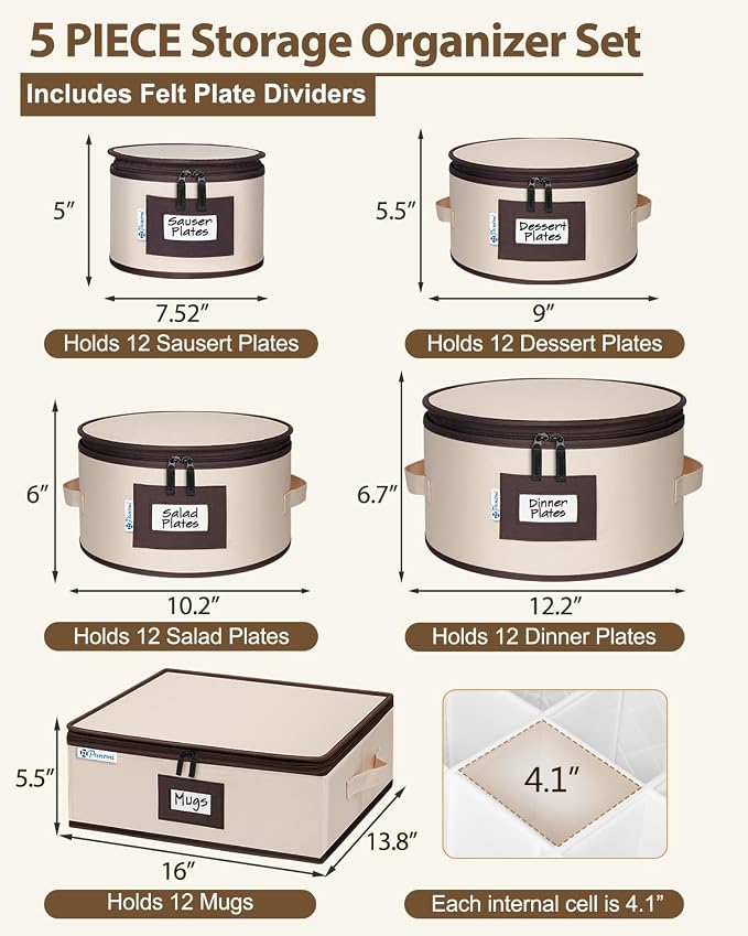 punemi Fine China Storage Containers, 5-Piece Hard Shell Set for Moving | Quilted dish protectors; with dividers, stackable organizer for coffee mug plates and dinnerware, for packing & moving, beige