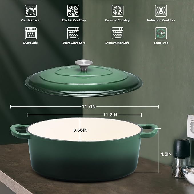 5QT Oval Dutch Oven Pot with Lid, Leonyo 5 Quart Enameled Oval Cast Iron Dutch Oven for Sourdough Bread Breaking, Heavy Duty Cookware for Braising, Stews, Roasting, Emerald