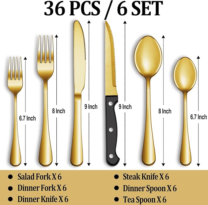 36 Pcs Gold Silverware Set with Steak Knives, Stainless Steel Flatware Cutlery Set for 6, Kitchen Tableware Sets, Utensil Sets for Home and Restaurant, Dishwasher Safe