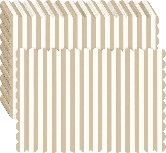 100 Pcs Beige White Stripes Place Mats Farmhouse Scalloped Dusty Scalloped Checkered Placemats Disposable Striped Place Mats for Wedding Bridal Shower Picnic Banquet Home Table