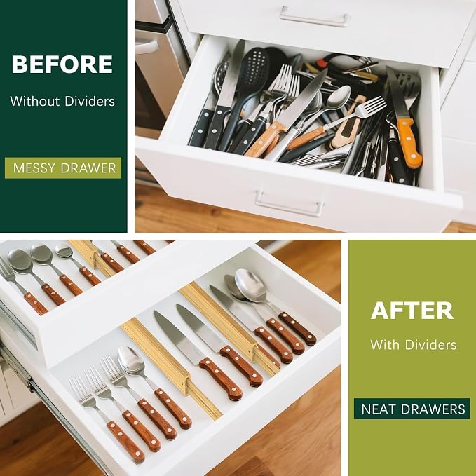 Kitchen Drawer Dividers 6 Pack Bamboo Drawer Organizers | 17-22" Adjustable, Spring Loaded, Expandable Utensil Organizer, Works in Kitchen, Dresser, Closet, Bathroom, Bedroom