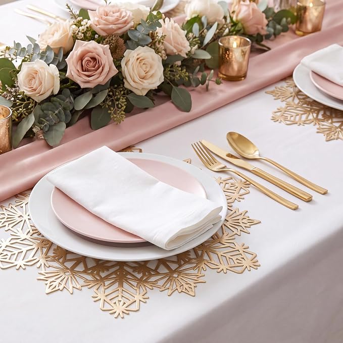ADRIMER Snowflake Placemats Set of 8, Gold Vinyl Table Mats 15 Inch | Easy to Clean Placemat, Heat Resistant Hollow Wipeable Table Placemats for Thanksgiving Christmas Wedding Holiday Decor