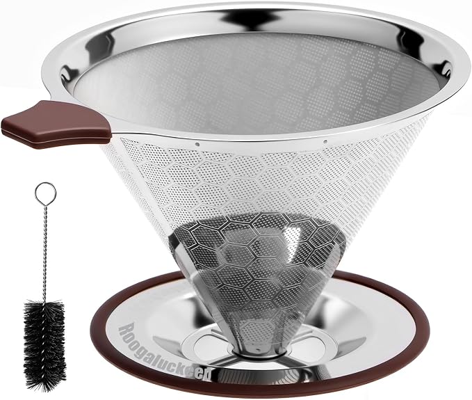 Pour Over Coffee Dripper, Roogaluckeep Stainless Steel Reusable Filter | 600 mesh metal strainer, paperless design, 1-4 cup brewing, no paper filters needed, easy to clean, compact for daily use