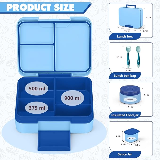 WyfKyd Bento Lunch Box with Soup Thermo Hot Food Container for Kids Adults | Bento Box with 9.5oz Soup Thermo Kids Leak-proof Lunch Container with Stainless Steel Insulated Hot Food Jar for School Blue
